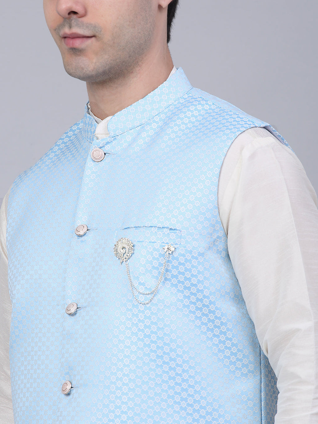 Jompers Men's Solid Kurta Pyjama With Woven Design Nehru Jacket - Blue | Grocsy