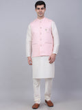Jompers Men's Solid Kurta Pyjama With Woven Design Nehru Jacket - Pink | Grocsy