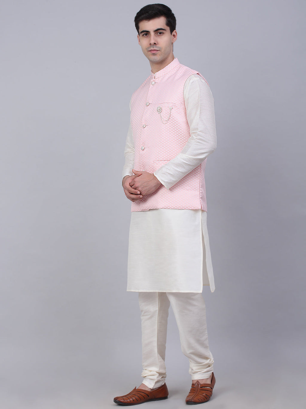 Jompers Men's Solid Kurta Pyjama With Woven Design Nehru Jacket - Pink | Grocsy