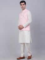 Jompers Men's Solid Kurta Pyjama With Woven Design Nehru Jacket - Pink | Grocsy