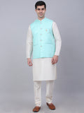 Jompers Men's Solid Kurta Pyjama With Woven Design Nehru Jacket - Sky Blue | Grocsy