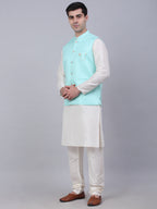 Jompers Men's Solid Kurta Pyjama With Woven Design Nehru Jacket - Sky Blue | Grocsy