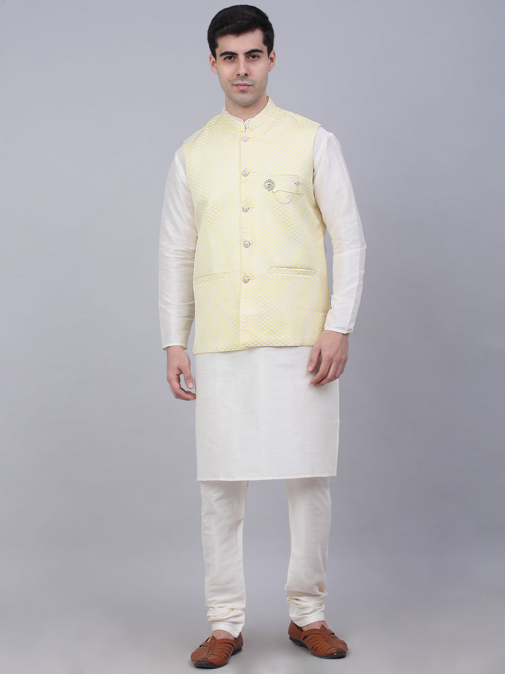 Jompers Men's Solid Kurta Pyjama With Woven Design Nehru Jacket - Yellow | Grocsy