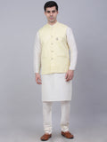 Jompers Men's Solid Kurta Pyjama With Woven Design Nehru Jacket - Yellow | Grocsy