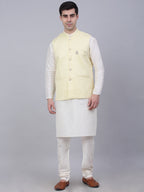 Jompers Men's Solid Kurta Pyjama With Woven Design Nehru Jacket - Yellow | Grocsy