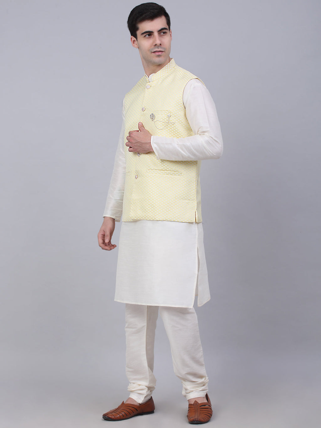 Jompers Men's Solid Kurta Pyjama With Woven Design Nehru Jacket - Yellow | Grocsy