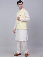 Jompers Men's Solid Kurta Pyjama With Woven Design Nehru Jacket - Yellow | Grocsy