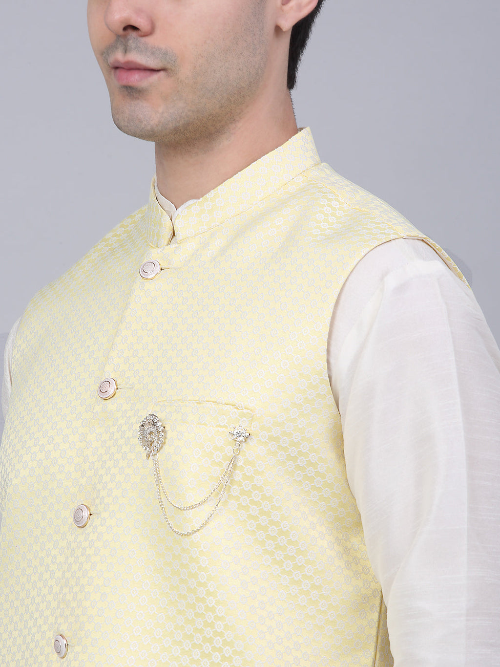 Jompers Men's Solid Kurta Pyjama With Woven Design Nehru Jacket - Yellow | Grocsy
