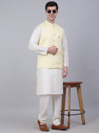 Jompers Men's Solid Kurta Pyjama With Woven Design Nehru Jacket - Yellow | Grocsy