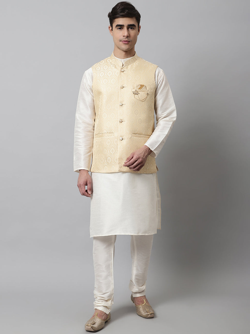 Jompers Men's Off White Solid Kurta Pyjama with Golden Woven Design Nehru Jacket | Grocsy