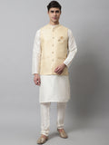 Jompers Men's Off White Solid Kurta Pyjama with Golden Woven Design Nehru Jacket | Grocsy