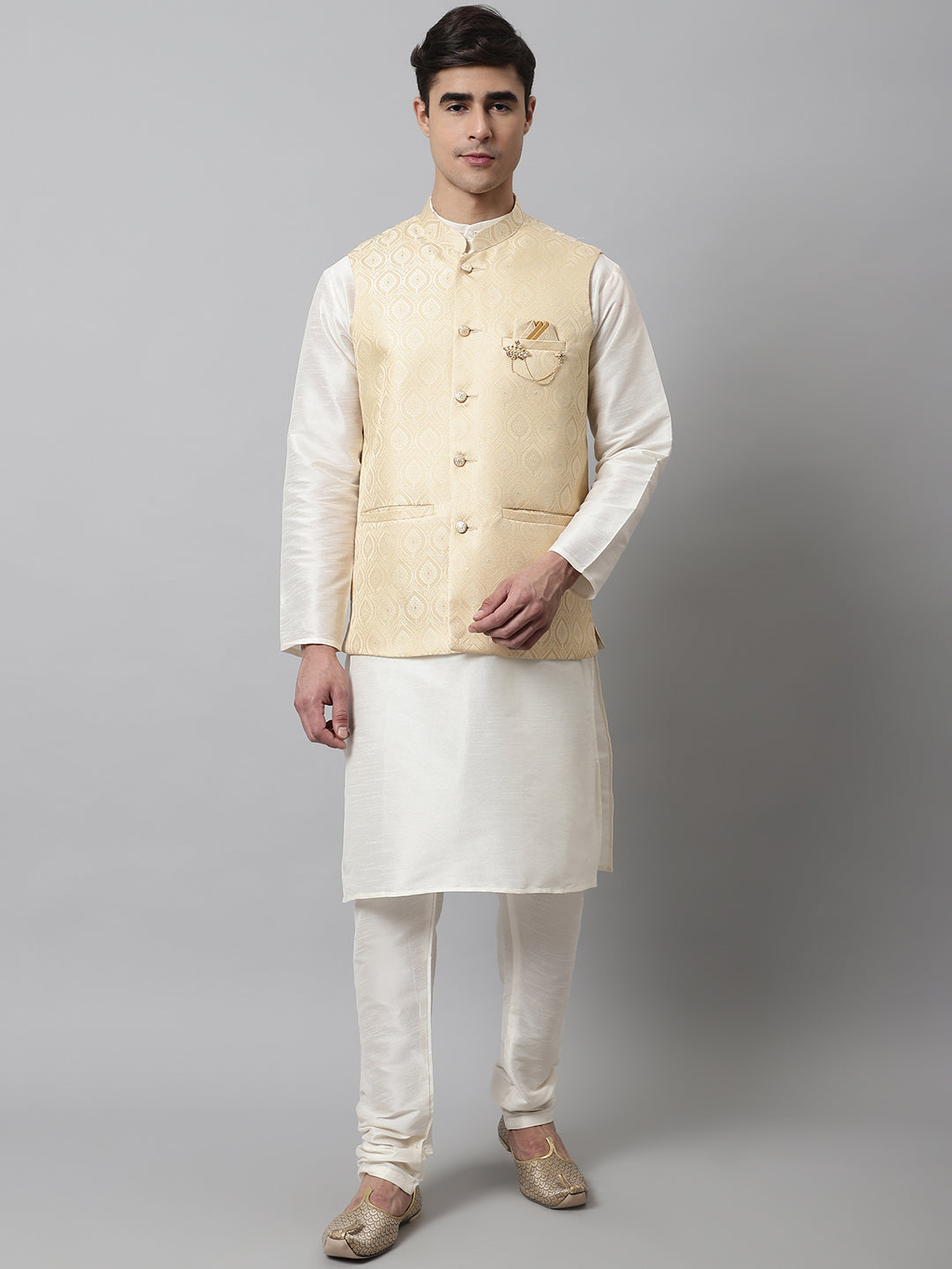 Jompers Men's Off White Solid Kurta Pyjama with Golden Woven Design Nehru Jacket | Grocsy