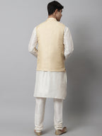 Jompers Men's Off White Solid Kurta Pyjama with Golden Woven Design Nehru Jacket | Grocsy
