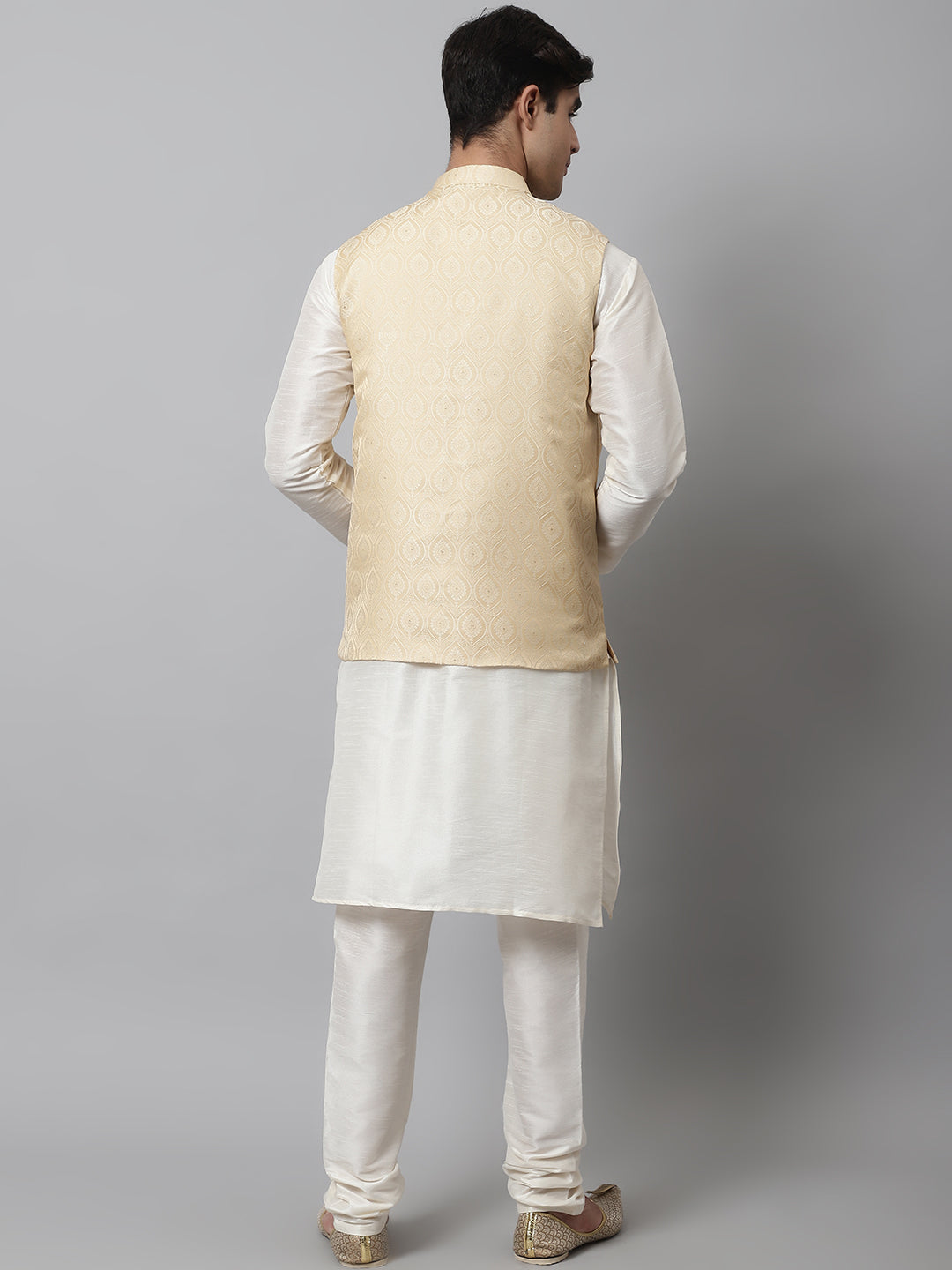 Jompers Men's Off White Solid Kurta Pyjama with Golden Woven Design Nehru Jacket | Grocsy