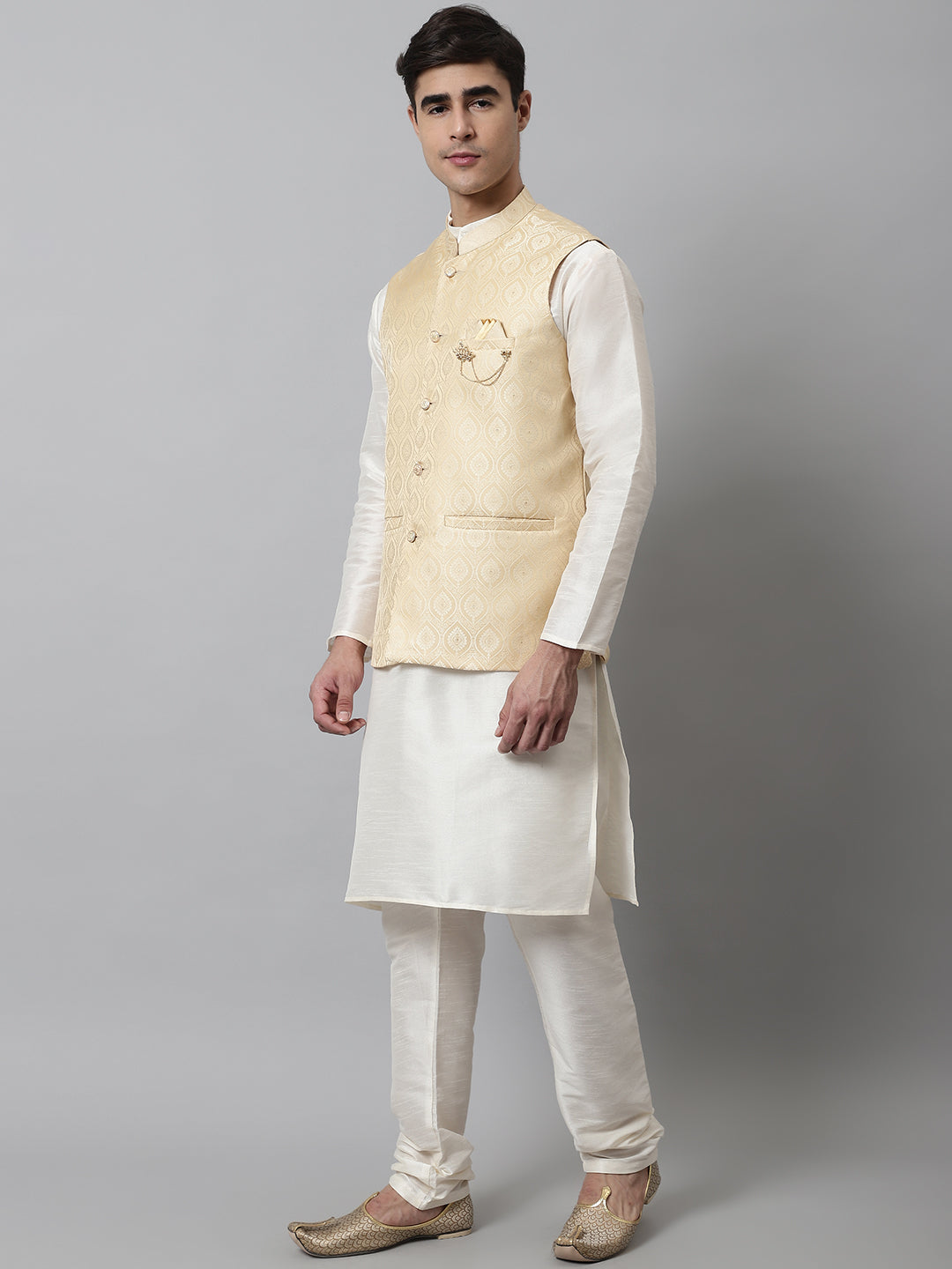 Jompers Men's Off White Solid Kurta Pyjama with Golden Woven Design Nehru Jacket | Grocsy