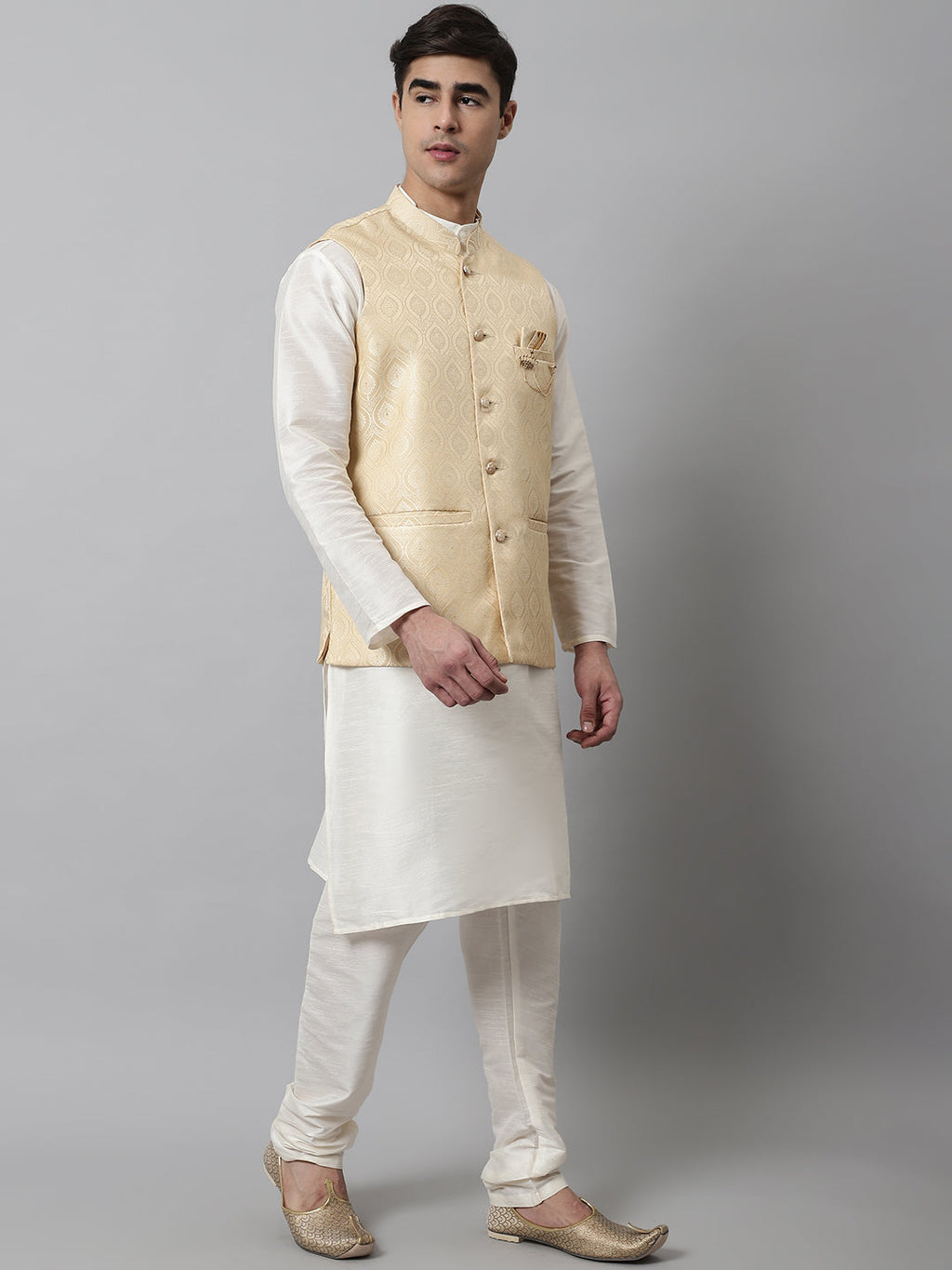 Jompers Men's Off White Solid Kurta Pyjama with Golden Woven Design Nehru Jacket | Grocsy