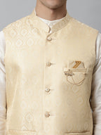 Jompers Men's Off White Solid Kurta Pyjama with Golden Woven Design Nehru Jacket | Grocsy