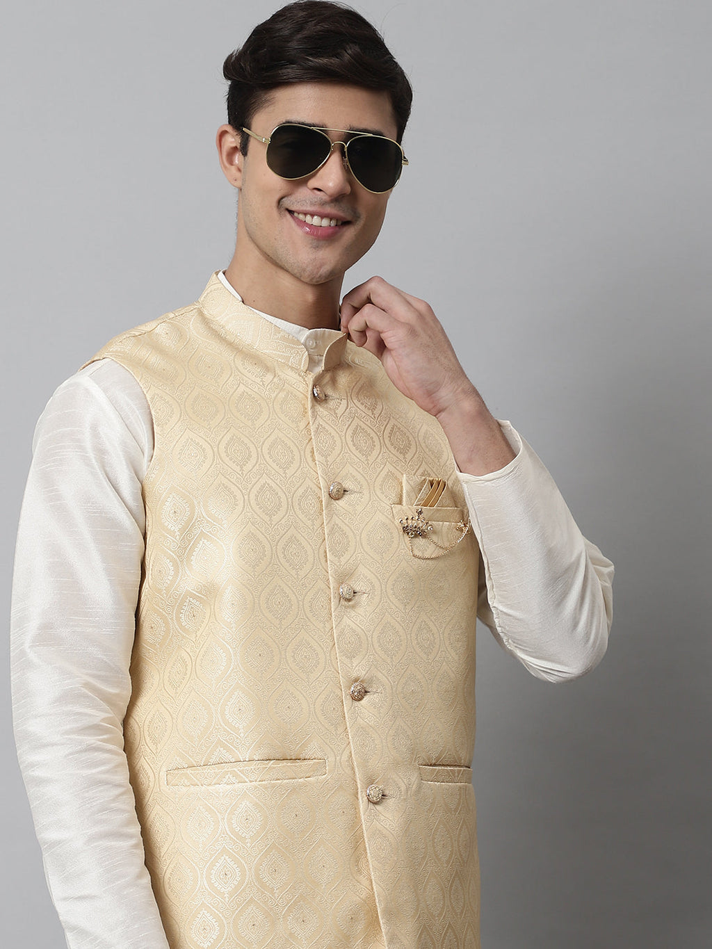 Jompers Men's Off White Solid Kurta Pyjama with Golden Woven Design Nehru Jacket | Grocsy