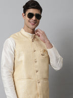 Jompers Men's Off White Solid Kurta Pyjama with Golden Woven Design Nehru Jacket | Grocsy