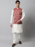 Jompers Men's Off White Solid Kurta Pyjama with Maroon Woven Design Nehru Jacket | Grocsy