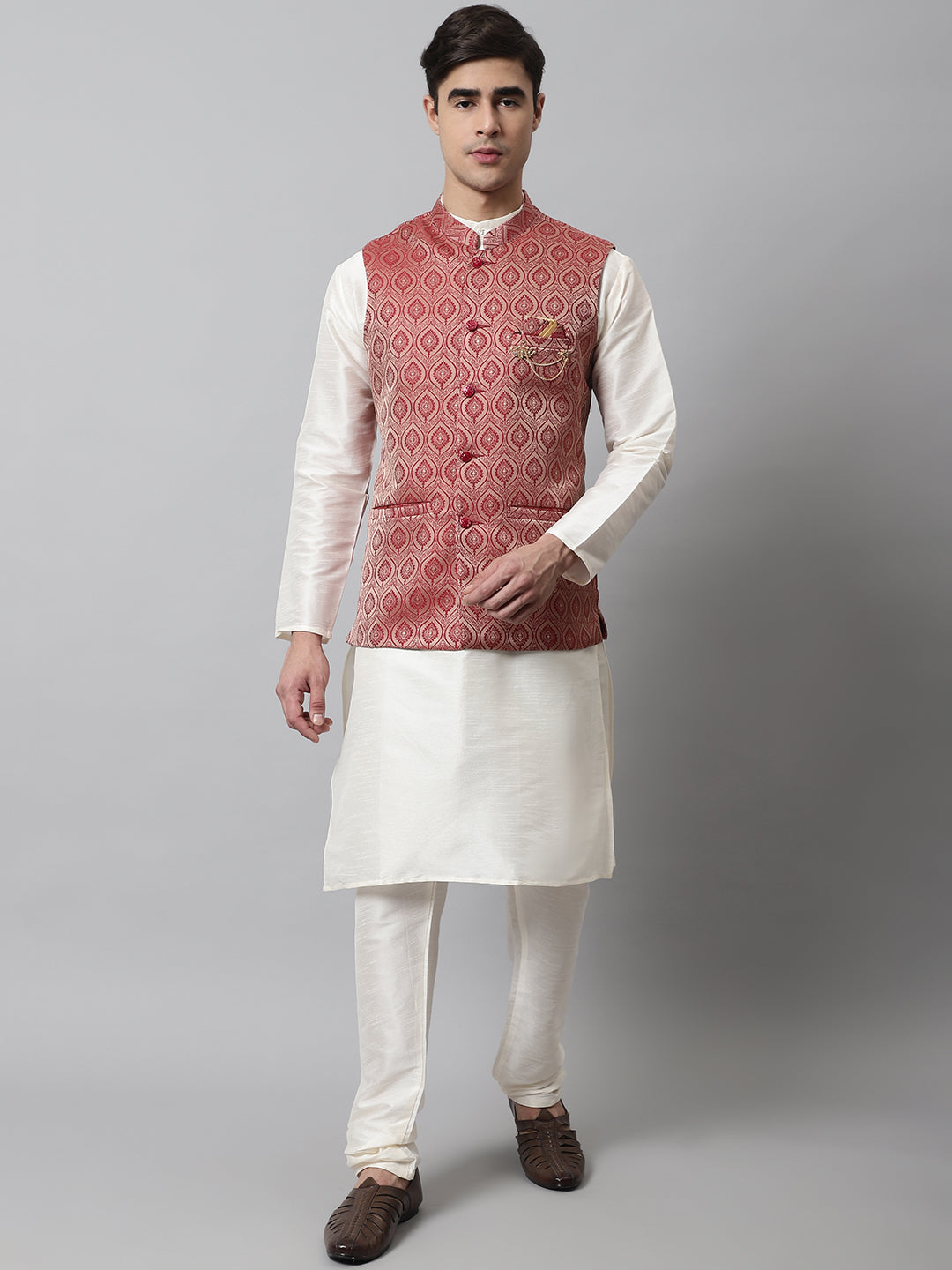 Jompers Men's Off White Solid Kurta Pyjama with Maroon Woven Design Nehru Jacket | Grocsy
