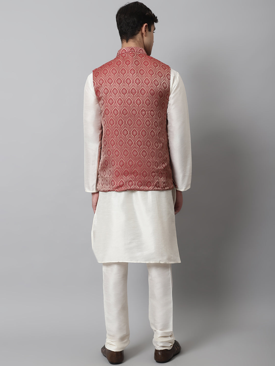 Jompers Men's Off White Solid Kurta Pyjama with Maroon Woven Design Nehru Jacket | Grocsy