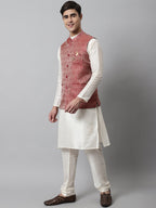 Jompers Men's Off White Solid Kurta Pyjama with Maroon Woven Design Nehru Jacket | Grocsy