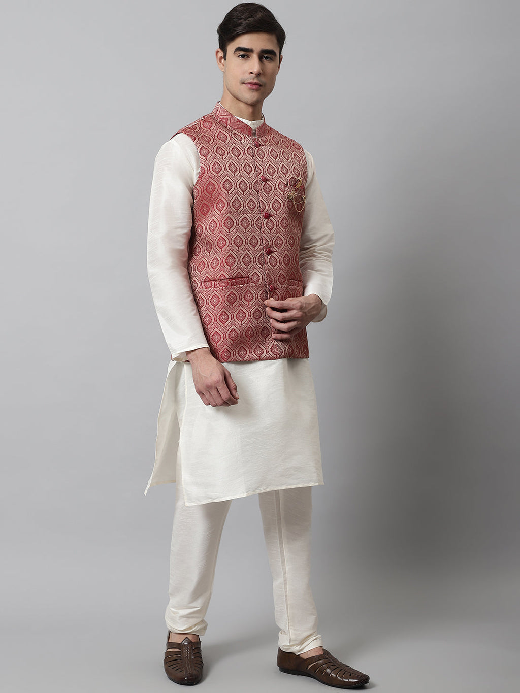 Jompers Men's Off White Solid Kurta Pyjama with Maroon Woven Design Nehru Jacket | Grocsy