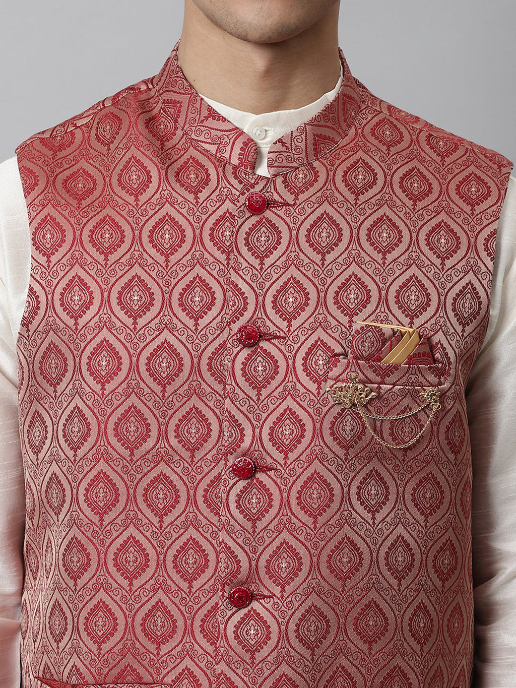 Jompers Men's Off White Solid Kurta Pyjama with Maroon Woven Design Nehru Jacket | Grocsy
