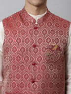 Jompers Men's Off White Solid Kurta Pyjama with Maroon Woven Design Nehru Jacket | Grocsy