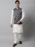 Jompers Men's Off White Solid Kurta Pyjama with Navy Blue Woven Design Nehru Jacket | Grocsy