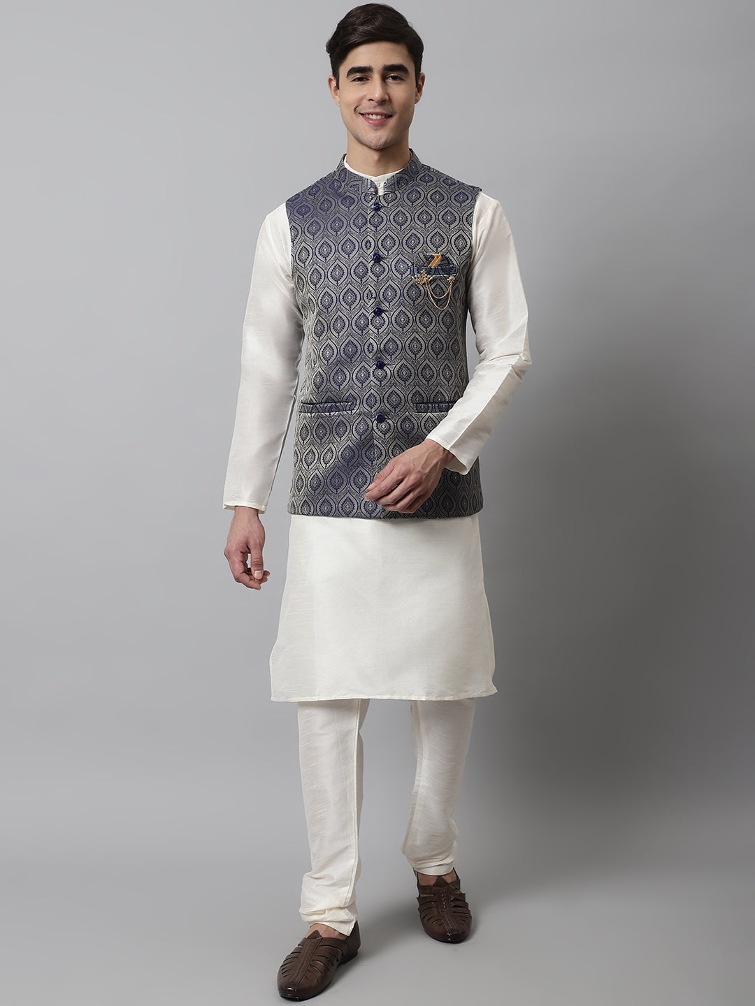 Jompers Men's Off White Solid Kurta Pyjama with Navy Blue Woven Design Nehru Jacket | Grocsy