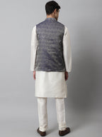 Jompers Men's Off White Solid Kurta Pyjama with Navy Blue Woven Design Nehru Jacket | Grocsy
