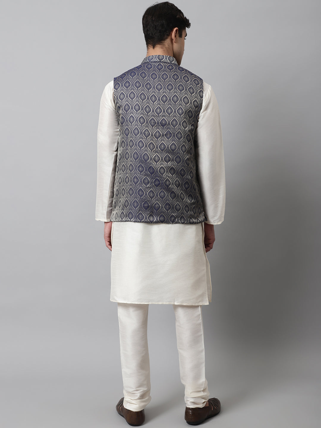 Jompers Men's Off White Solid Kurta Pyjama with Navy Blue Woven Design Nehru Jacket | Grocsy