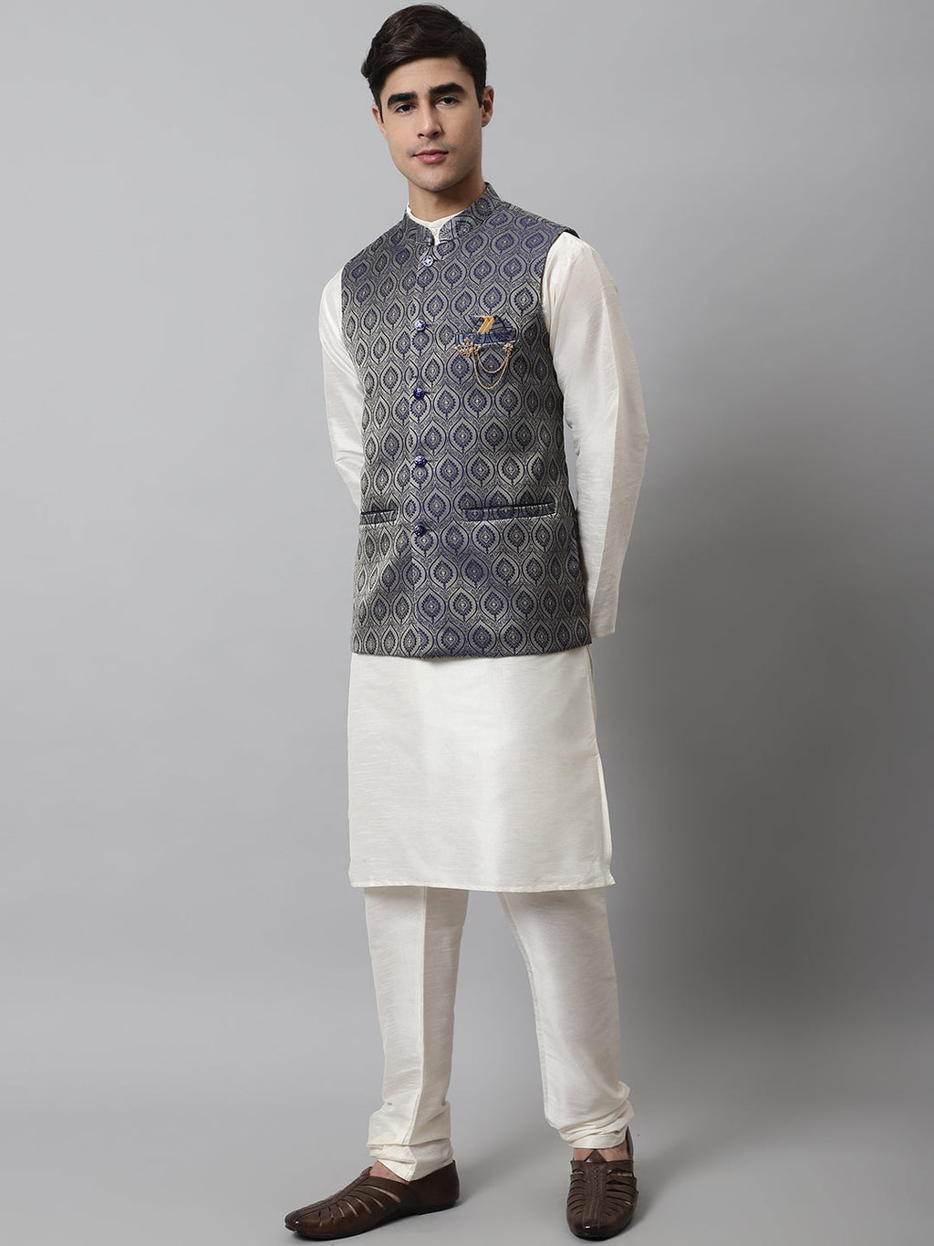 Jompers Men's Off White Solid Kurta Pyjama with Navy Blue Woven Design Nehru Jacket | Grocsy