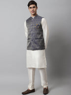 Jompers Men's Off White Solid Kurta Pyjama with Navy Blue Woven Design Nehru Jacket | Grocsy