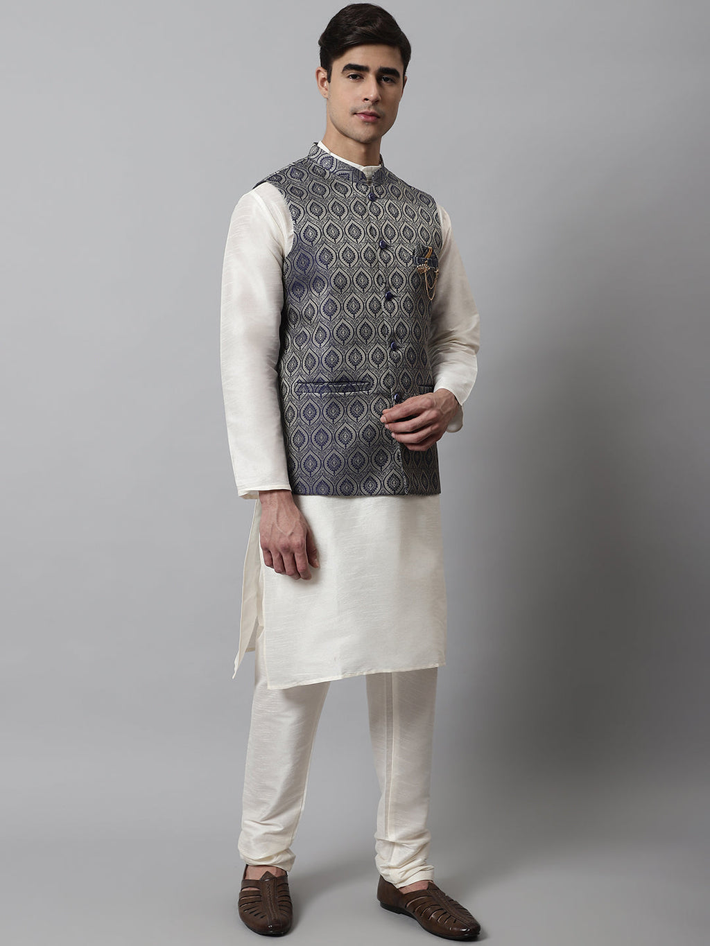 Jompers Men's Off White Solid Kurta Pyjama with Navy Blue Woven Design Nehru Jacket | Grocsy