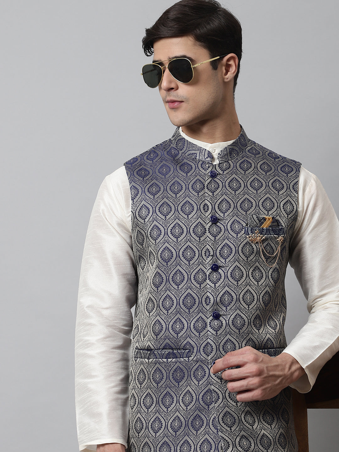 Jompers Men's Off White Solid Kurta Pyjama with Navy Blue Woven Design Nehru Jacket | Grocsy