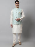 Jompers Men's Off White Solid Kurta Pyjama with Sky Blue Woven Design Nehru Jacket | Grocsy