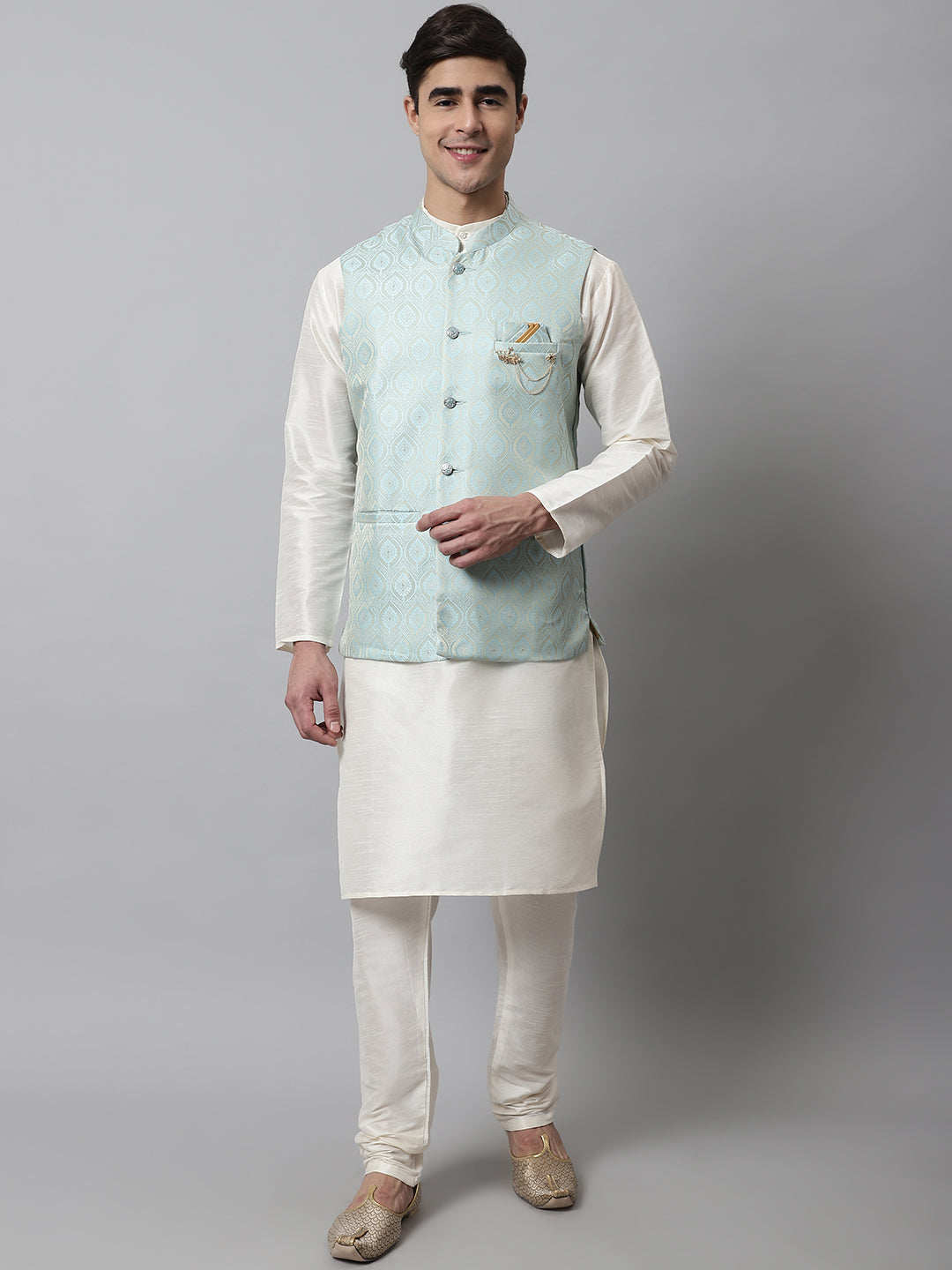 Jompers Men's Off White Solid Kurta Pyjama with Sky Blue Woven Design Nehru Jacket | Grocsy