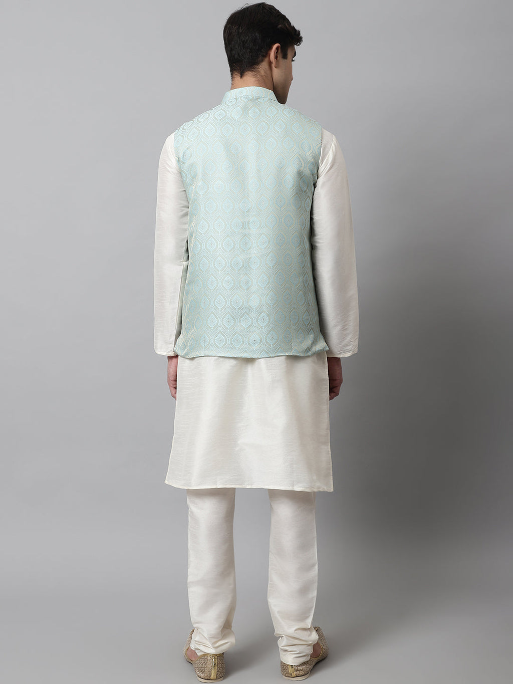 Jompers Men's Off White Solid Kurta Pyjama with Sky Blue Woven Design Nehru Jacket | Grocsy