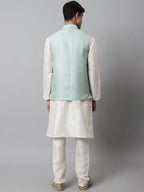 Jompers Men's Off White Solid Kurta Pyjama with Sky Blue Woven Design Nehru Jacket | Grocsy