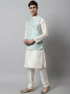 Jompers Men's Off White Solid Kurta Pyjama with Sky Blue Woven Design Nehru Jacket | Grocsy