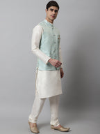 Jompers Men's Off White Solid Kurta Pyjama with Sky Blue Woven Design Nehru Jacket | Grocsy