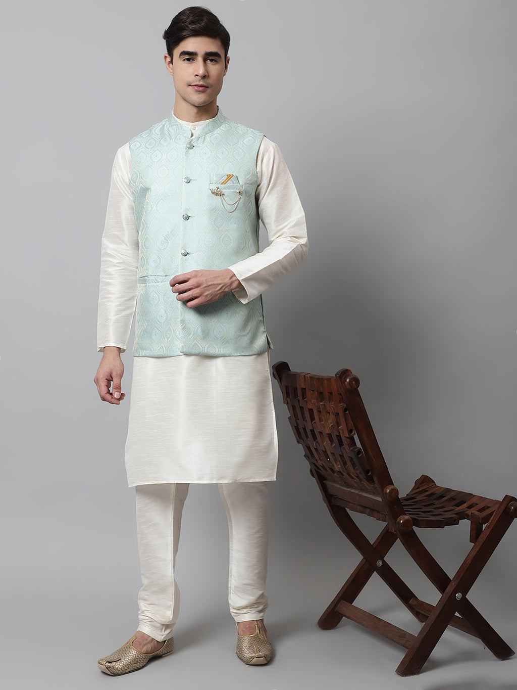 Jompers Men's Off White Solid Kurta Pyjama with Sky Blue Woven Design Nehru Jacket | Grocsy