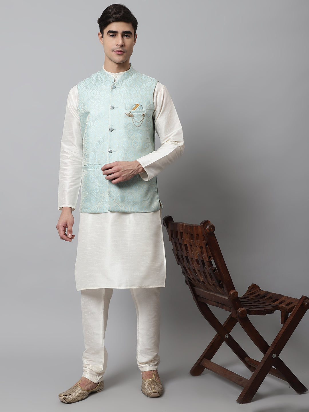 Jompers Men's Off White Solid Kurta Pyjama with Sky Blue Woven Design Nehru Jacket | Grocsy