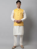 Jompers Men's Off White Solid Kurta Pyjama with Yellow Woven Design Nehru Jacket | Grocsy