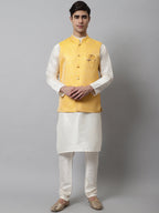 Jompers Men's Off White Solid Kurta Pyjama with Yellow Woven Design Nehru Jacket | Grocsy