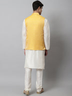 Jompers Men's Off White Solid Kurta Pyjama with Yellow Woven Design Nehru Jacket | Grocsy