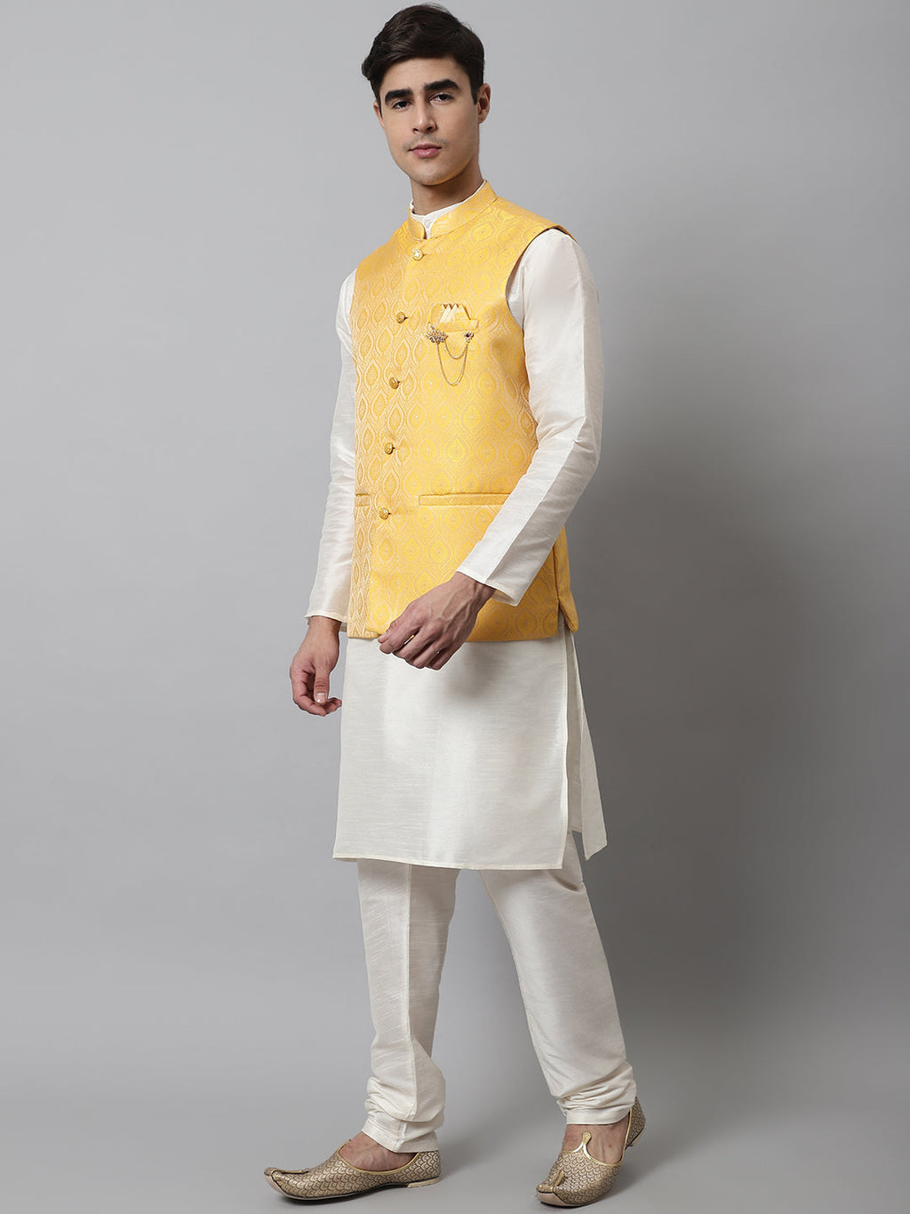Jompers Men's Off White Solid Kurta Pyjama with Yellow Woven Design Nehru Jacket | Grocsy